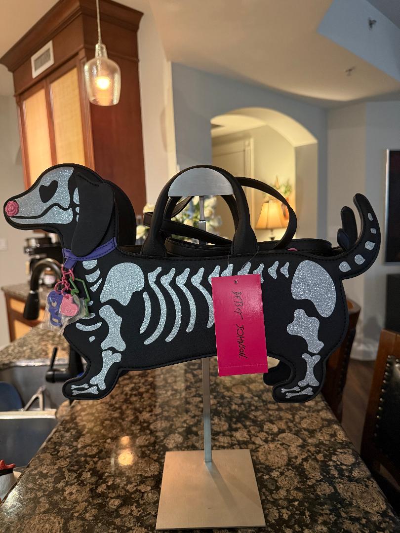 Trending Beaded Bags and Resort Collection - Betsey Johnson Skelton Dog with Colorful Dog Collar