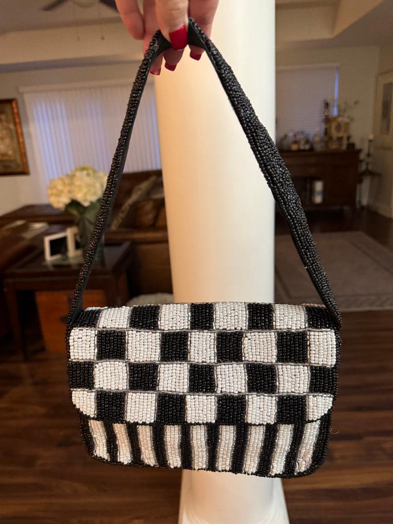 Trending Beaded Bags and Resort Collection - Black & White Checkered Beaded Shoulder Bag
