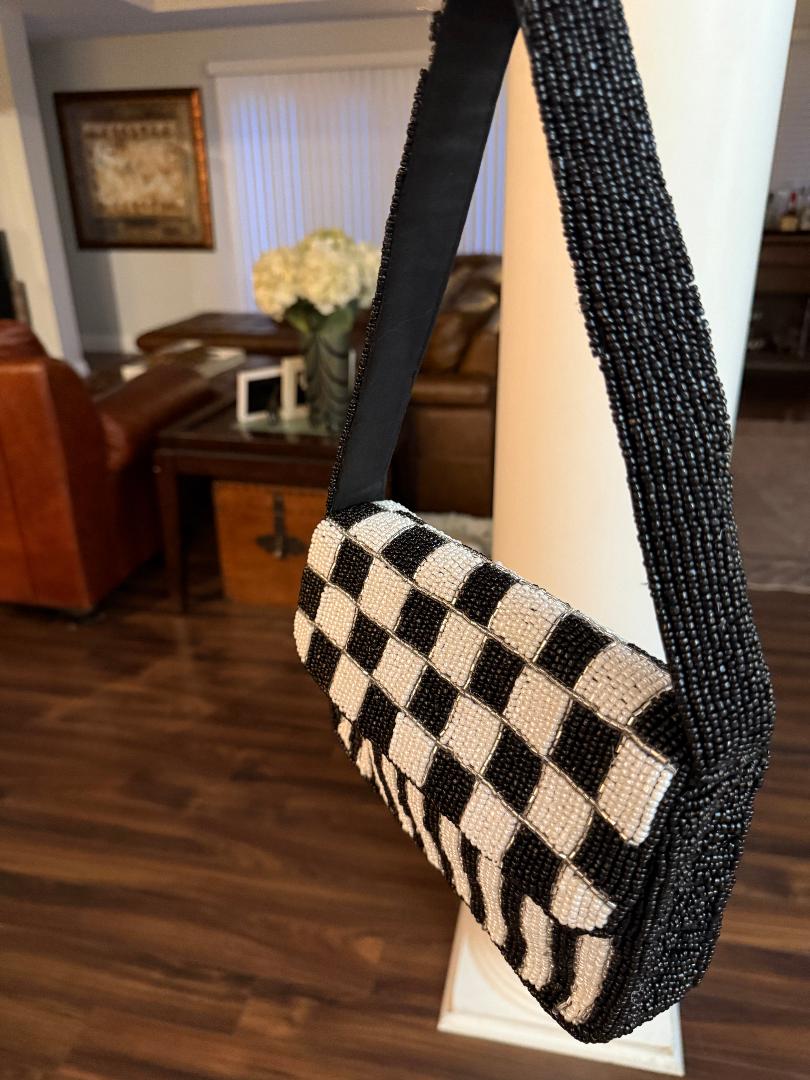 Trending Beaded Bags and Resort Collection - Black & White Checkered Beaded Shoulder Bag