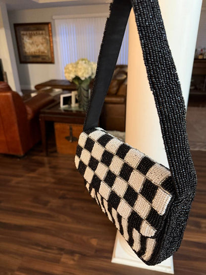 Trending Beaded Bags and Resort Collection - Black & White Checkered Beaded Shoulder Bag
