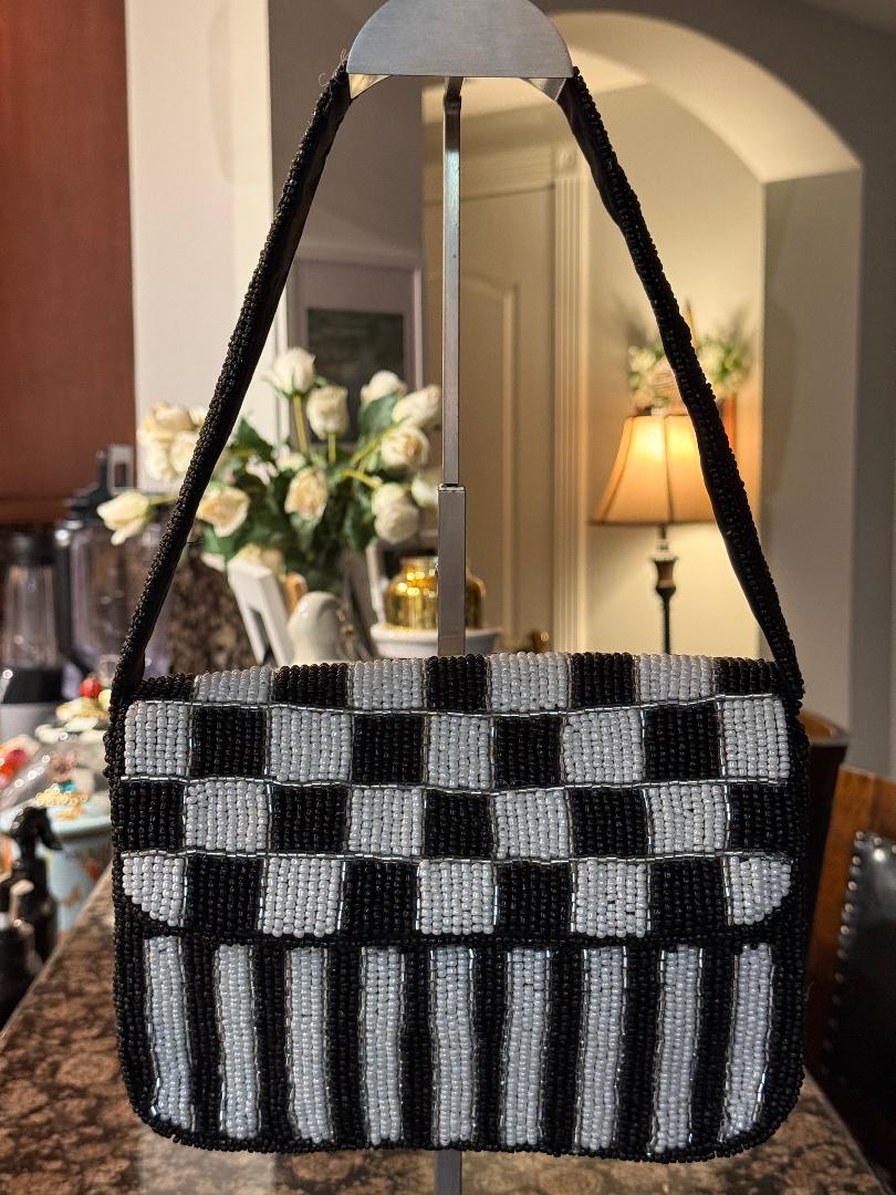 Trending Beaded Bags and Resort Collection - Black & White Checkered Beaded Shoulder Bag