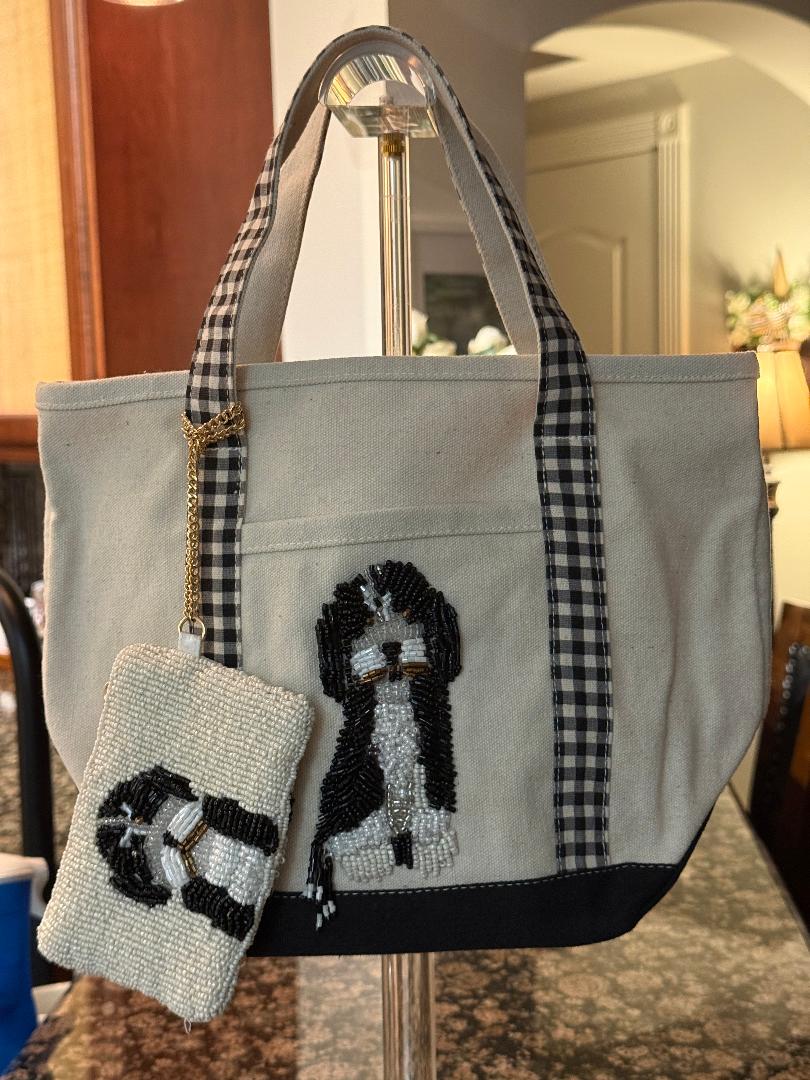 Trending Beaded Bags and Resort Collection - Black & White Spaniel Dog Tote with Matching Coin Purse