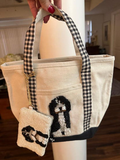 Trending Beaded Bags and Resort Collection - Black & White Spaniel Dog Tote with Matching Coin Purse