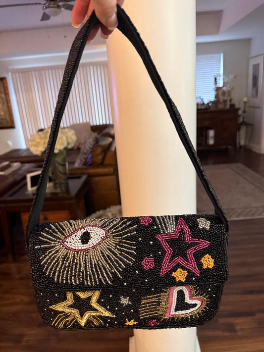 Trending Beaded Bags and Resort Collection - America & Beyond Black Evil Eye Beaded Shoulder Bag