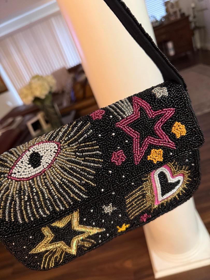 Trending Beaded Bags and Resort Collection - America & Beyond Black Evil Eye Beaded Shoulder Bag