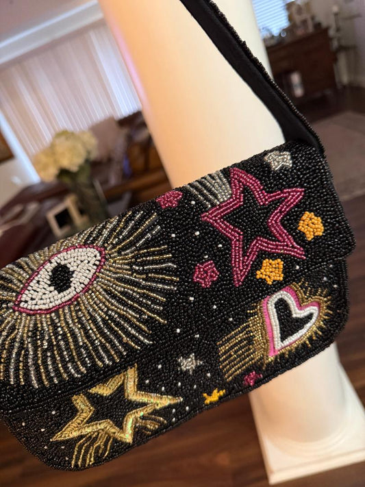 Trending Beaded Bags and Resort Collection - America & Beyond Black Evil Eye Beaded Shoulder Bag