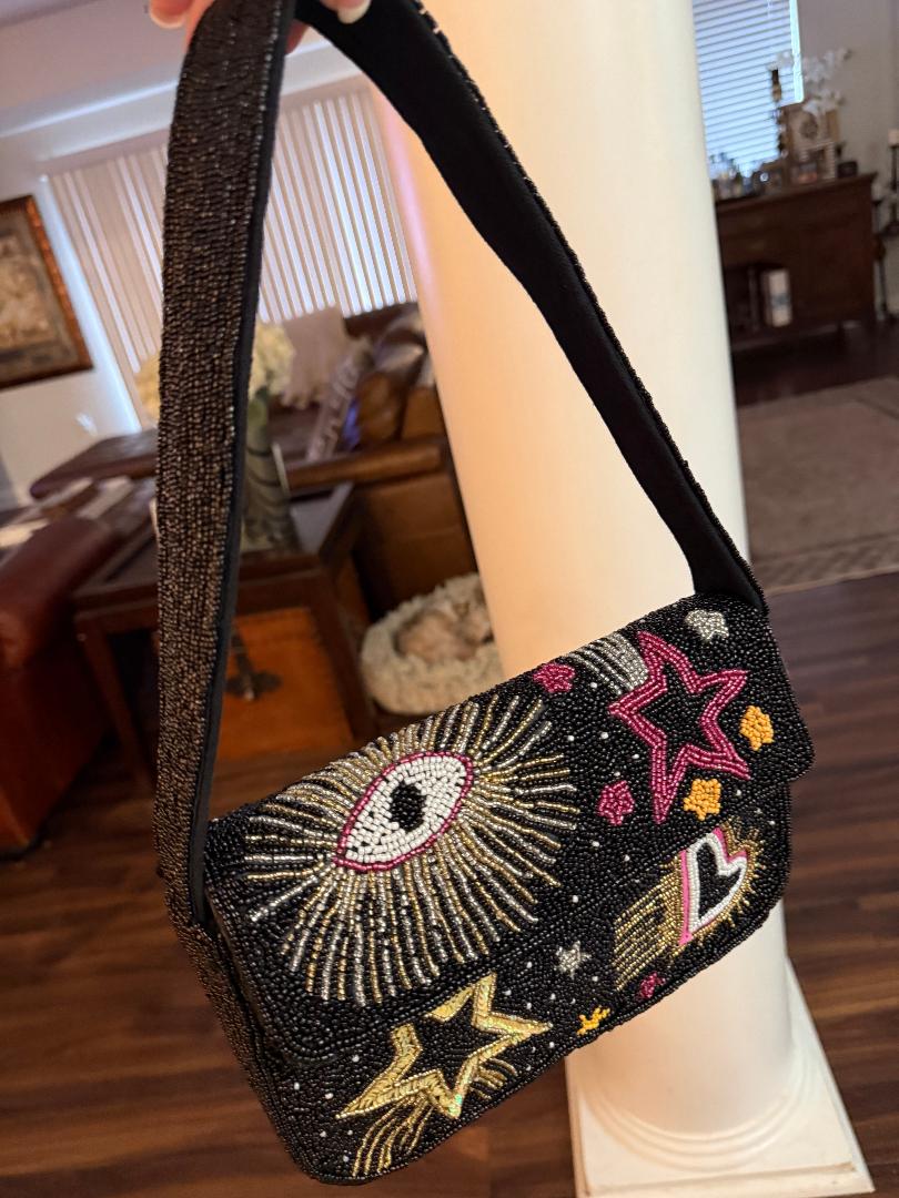 Trending Beaded Bags and Resort Collection - America & Beyond Black Evil Eye Beaded Shoulder Bag