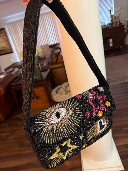 Trending Beaded Bags and Resort Collection - America & Beyond Black Evil Eye Beaded Shoulder Bag