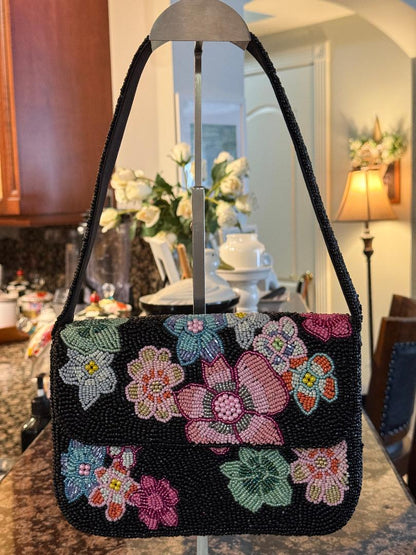 Trending Beaded Bags and Resort Collection - Black Floral Beaded Shoulder Bag