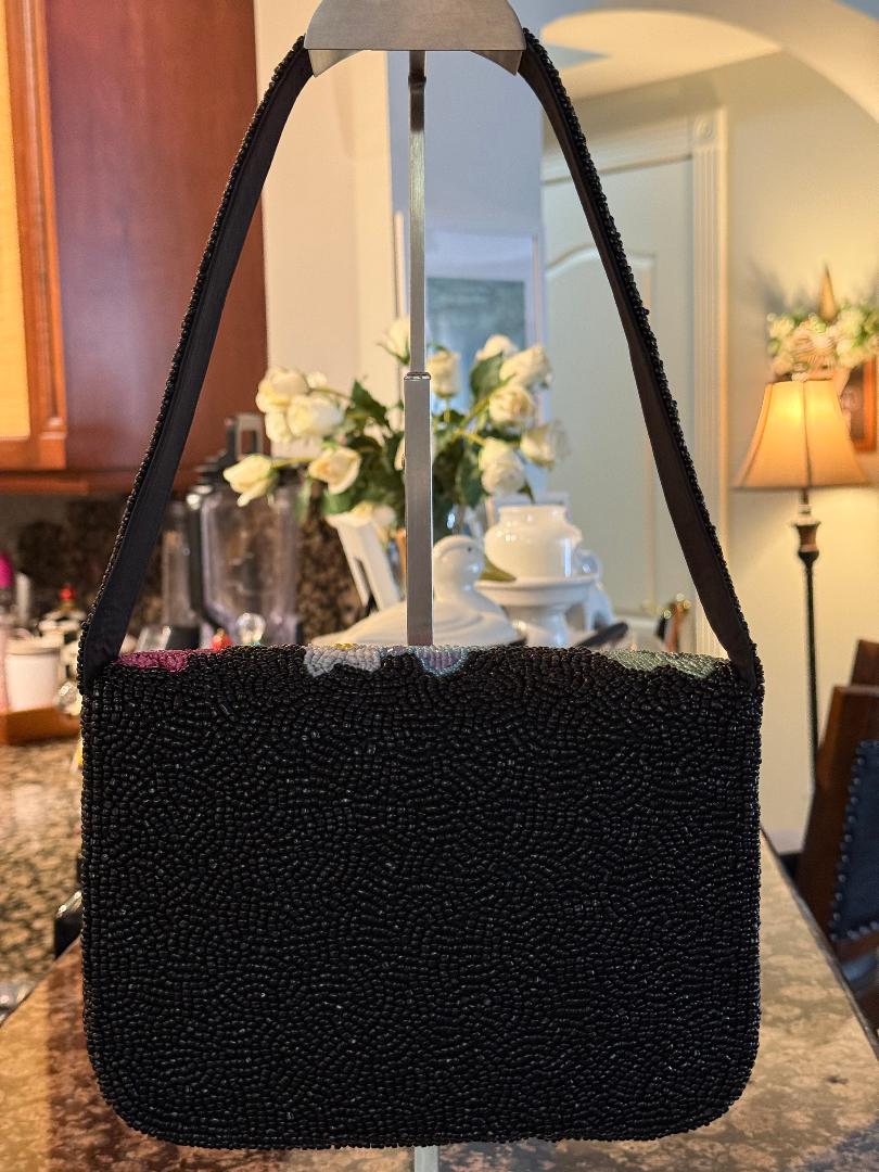 Trending Beaded Bags and Resort Collection - Black Floral Beaded Shoulder Bag