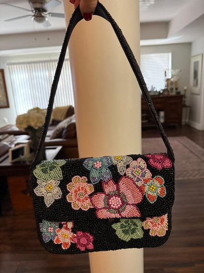 Trending Beaded Bags and Resort Collection - Black Floral Beaded Shoulder Bag