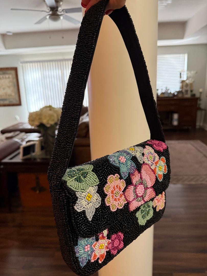 Trending Beaded Bags and Resort Collection - Black Floral Beaded Shoulder Bag