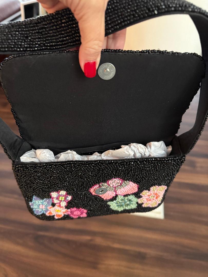 Trending Beaded Bags and Resort Collection - Black Floral Beaded Shoulder Bag