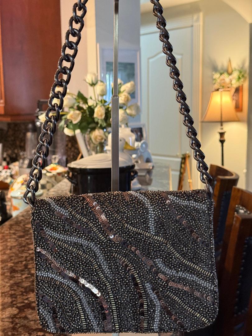 Trending Beaded Bags and Resort Collection - Black & Silver Beaded Sequin Bag with Silver Chain