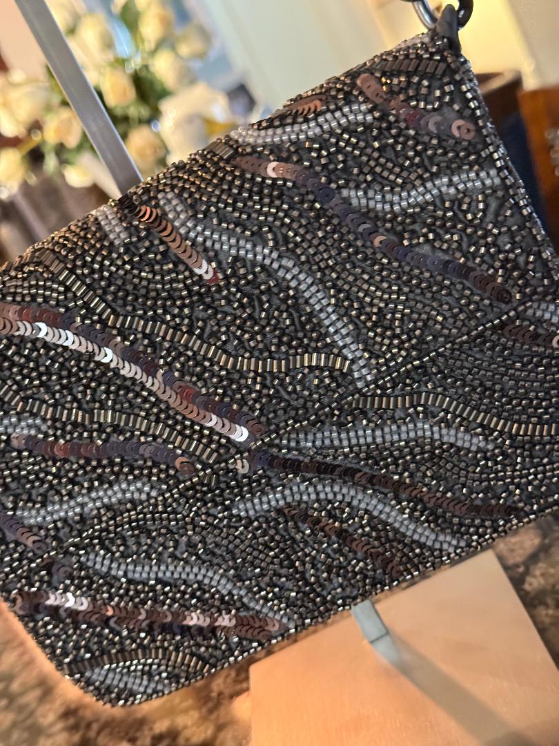Trending Beaded Bags and Resort Collection - Black & Silver Beaded Sequin Bag with Silver Chain