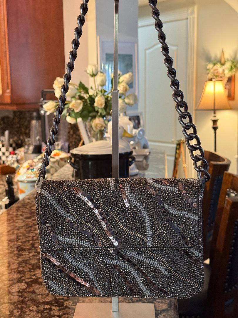 Trending Beaded Bags and Resort Collection - Black & Silver Beaded Sequin Bag with Silver Chain