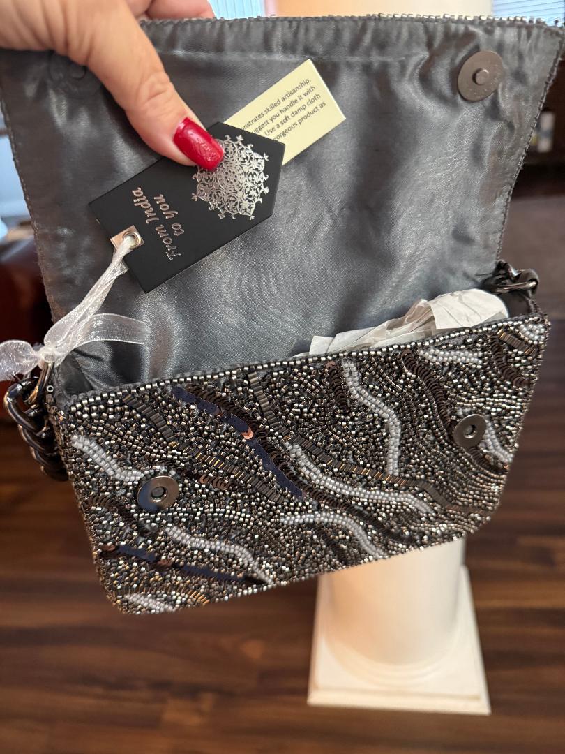 Trending Beaded Bags and Resort Collection - Black & Silver Beaded Sequin Bag with Silver Chain