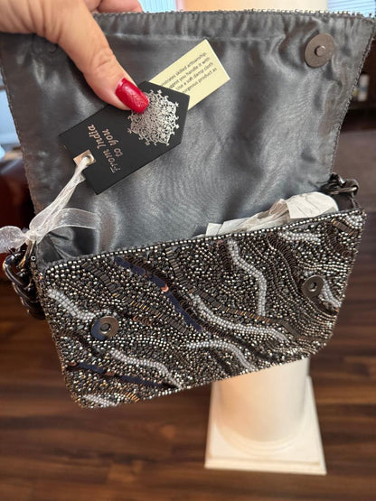 Trending Beaded Bags and Resort Collection - Black & Silver Beaded Sequin Bag with Silver Chain