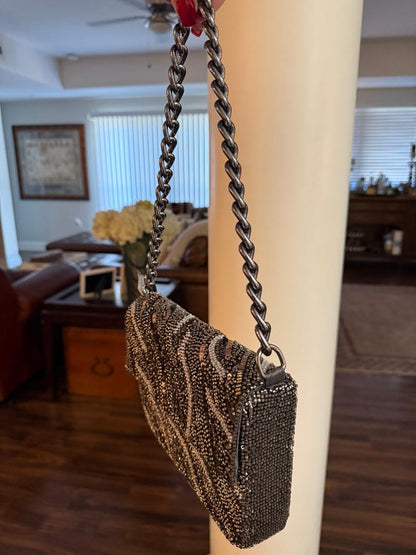 Trending Beaded Bags and Resort Collection - Black & Silver Beaded Sequin Bag with Silver Chain