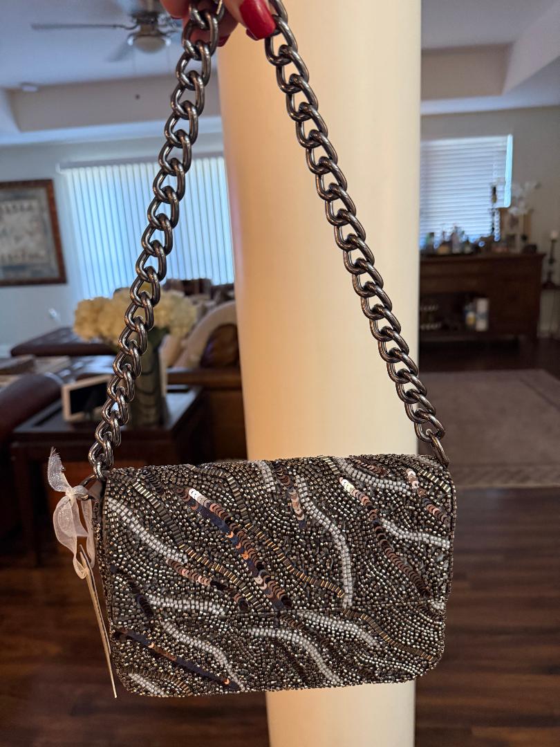Trending Beaded Bags and Resort Collection - Black & Silver Beaded Sequin Bag with Silver Chain