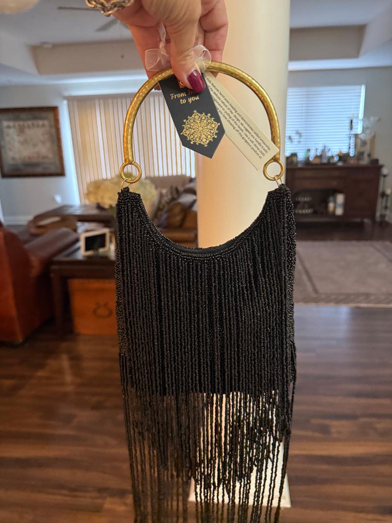 Trending Beaded Bags and Resort Collection - Black Fringe Beaded Gold Top Handle Bag