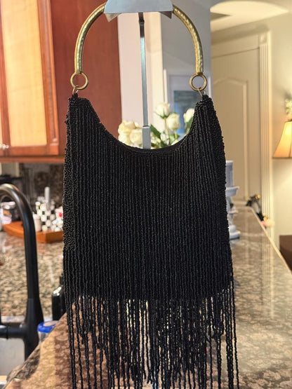Trending Beaded Bags and Resort Collection - Black Fringe Beaded Gold Top Handle Bag
