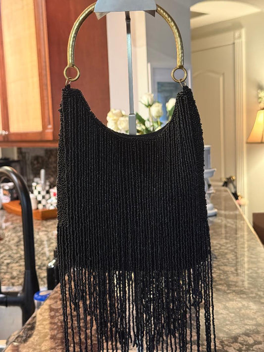 Trending Beaded Bags and Resort Collection - Black Fringe Beaded Gold Top Handle Bag