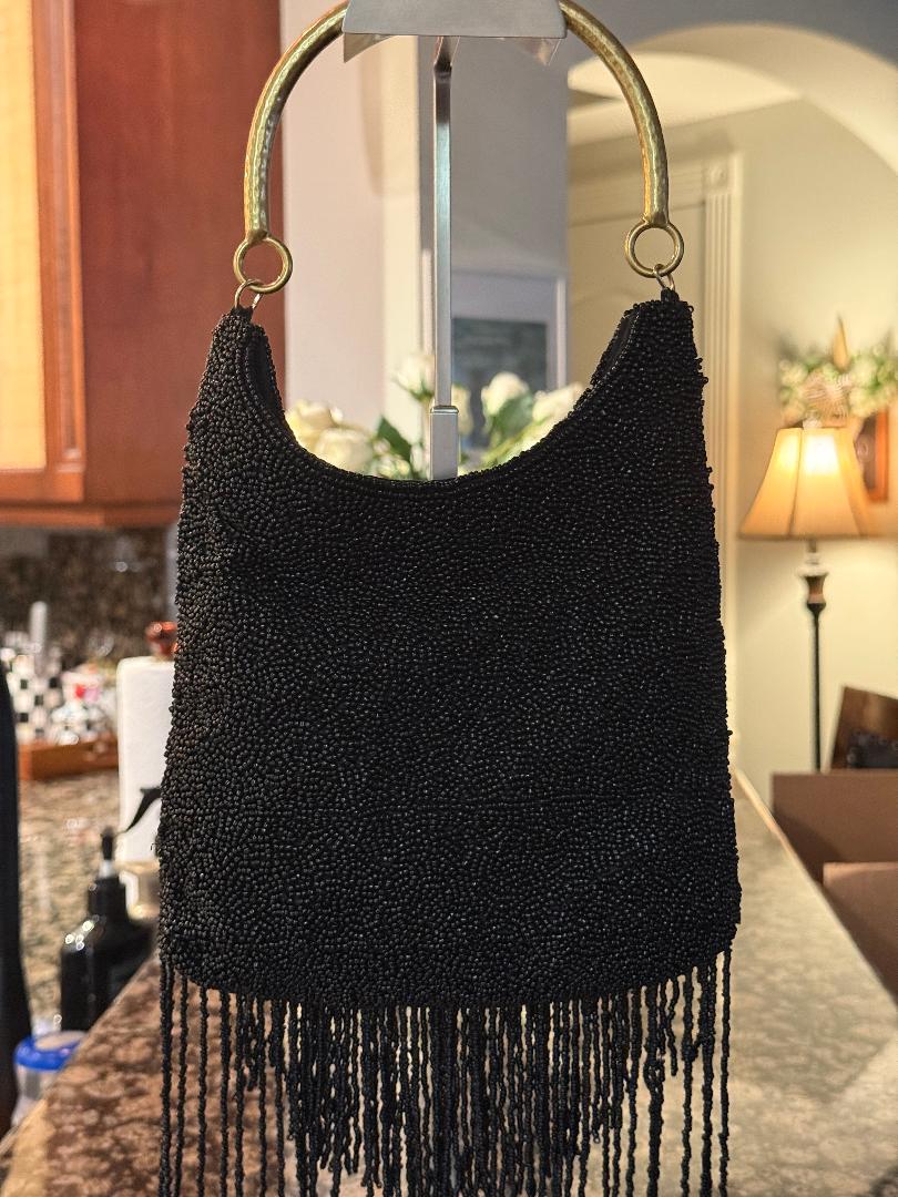 Trending Beaded Bags and Resort Collection - Black Fringe Beaded Gold Top Handle Bag