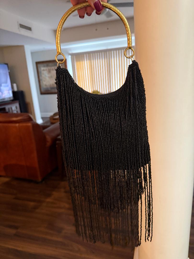 Trending Beaded Bags and Resort Collection - Black Fringe Beaded Gold Top Handle Bag