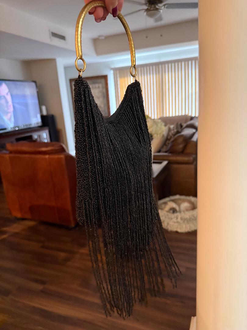 Trending Beaded Bags and Resort Collection - Black Fringe Beaded Gold Top Handle Bag