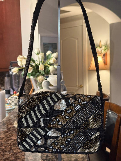 Trending Beaded Bags and Resort Collection - Black & Gold Sequined Shoulder Bag