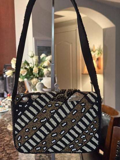 Trending Beaded Bags and Resort Collection - Black & Gold Sequined Shoulder Bag