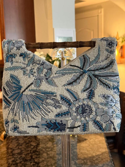 Trending Beaded Bags and Resort Collection - Blue Beaded Floral Bag with Bamboo Handle