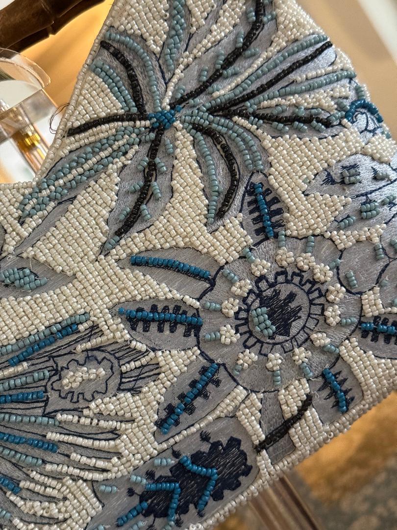 Trending Beaded Bags and Resort Collection - Blue Beaded Floral Bag with Bamboo Handle