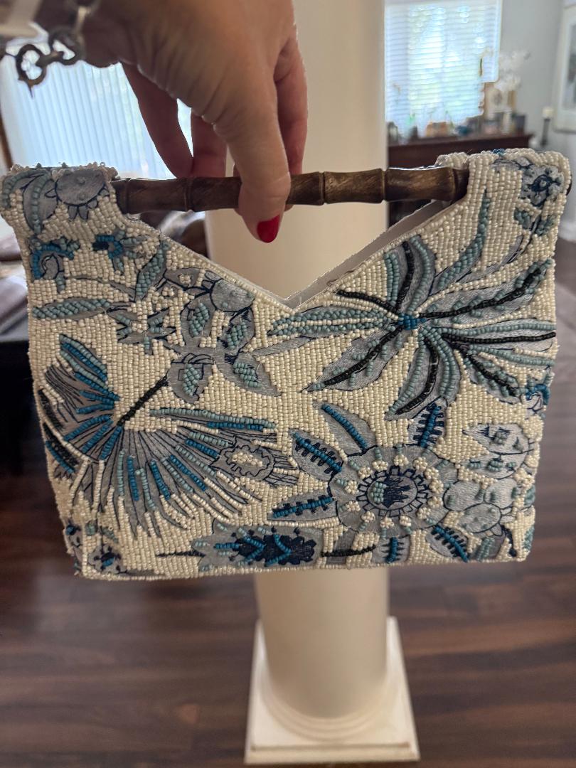 Trending Beaded Bags and Resort Collection - Blue Beaded Floral Bag with Bamboo Handle