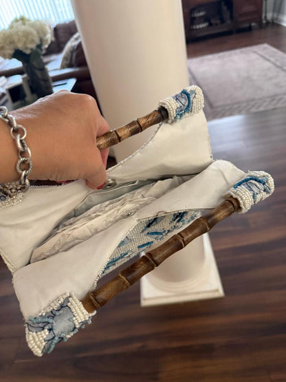 Trending Beaded Bags and Resort Collection - Blue Beaded Floral Bag with Bamboo Handle