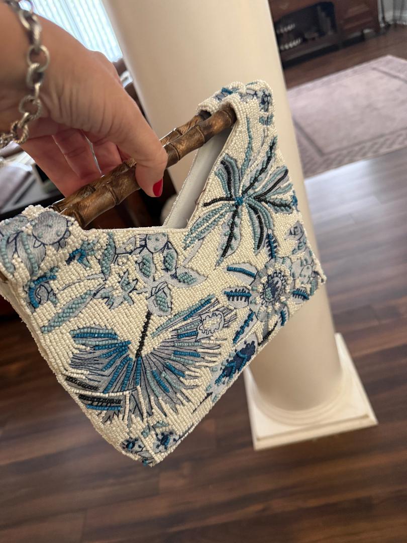 Trending Beaded Bags and Resort Collection - Blue Beaded Floral Bag with Bamboo Handle