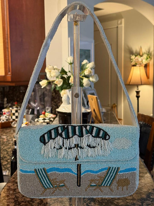 Trending Beaded Bags and Resort Collection - Blue Beach Chairs with Umbrella