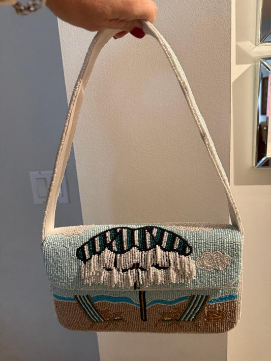 Trending Beaded Bags and Resort Collection - Blue Beach Chairs with Umbrella