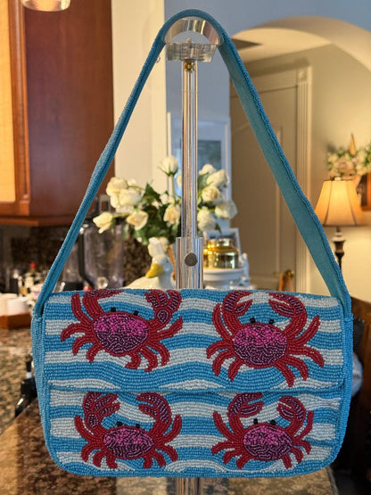 Trending Beaded Bags and Resort Collection - Blue & White Red Crab Beaded Shoulder Bags