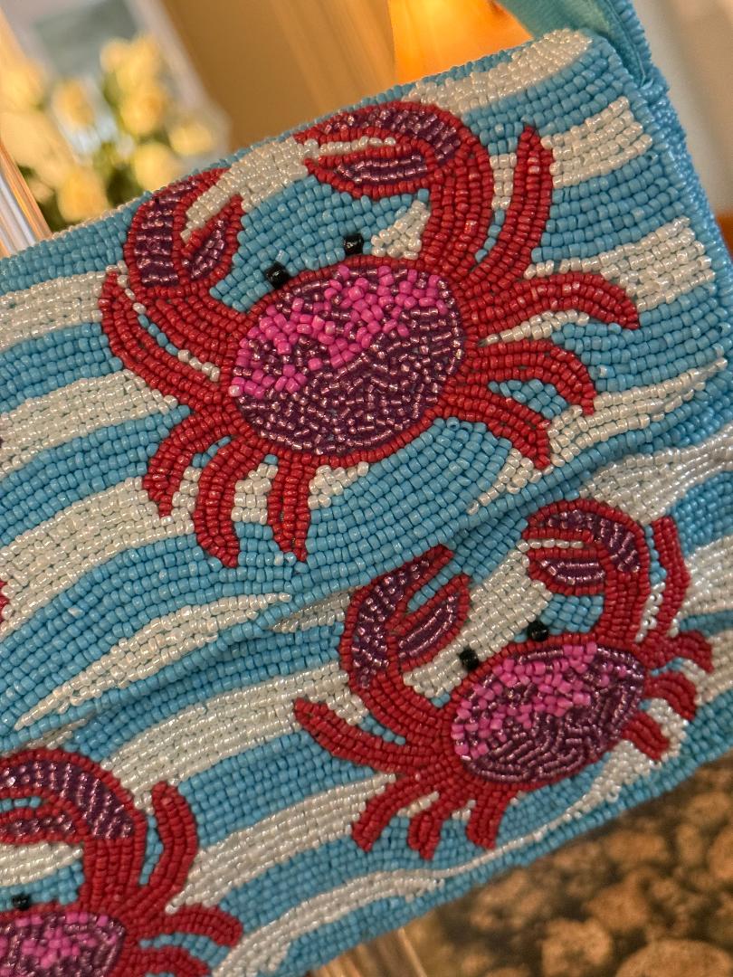 Trending Beaded Bags and Resort Collection - Blue & White Red Crab Beaded Shoulder Bags