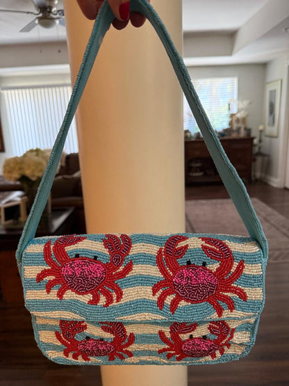 Trending Beaded Bags and Resort Collection - Blue & White Red Crab Beaded Shoulder Bags