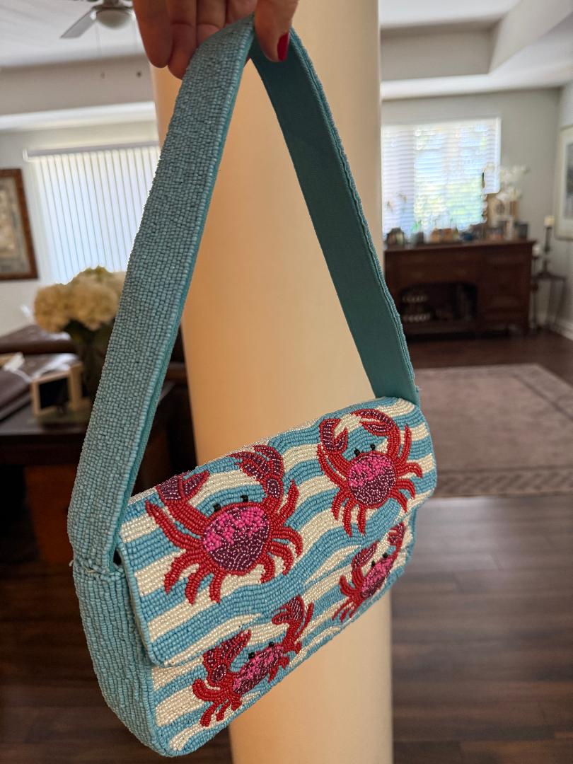 Trending Beaded Bags and Resort Collection - Blue & White Red Crab Beaded Shoulder Bags