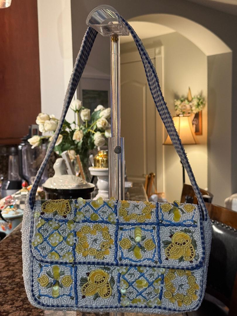 Trending Beaded Bags and Resort Collection - Blue & Yellow Lemon Checkered Beaded Shoulder Bag
