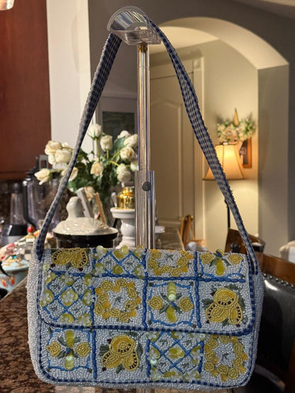 Trending Beaded Bags and Resort Collection - Blue & Yellow Lemon Checkered Beaded Shoulder Bag