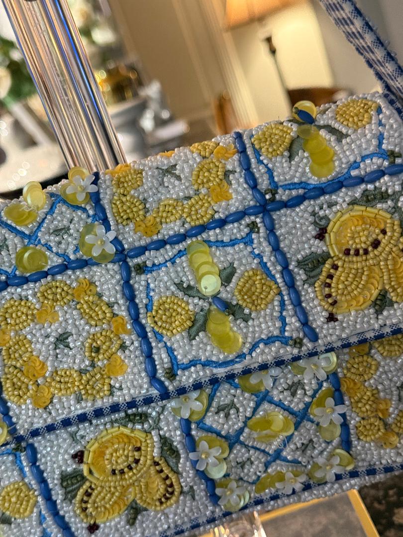 Trending Beaded Bags and Resort Collection - Blue & Yellow Lemon Checkered Beaded Shoulder Bag