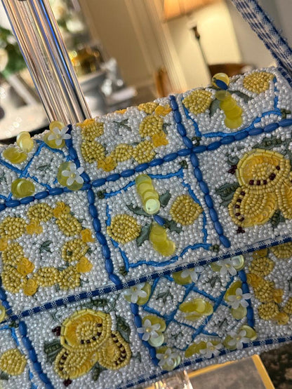 Trending Beaded Bags and Resort Collection - Blue & Yellow Lemon Checkered Beaded Shoulder Bag