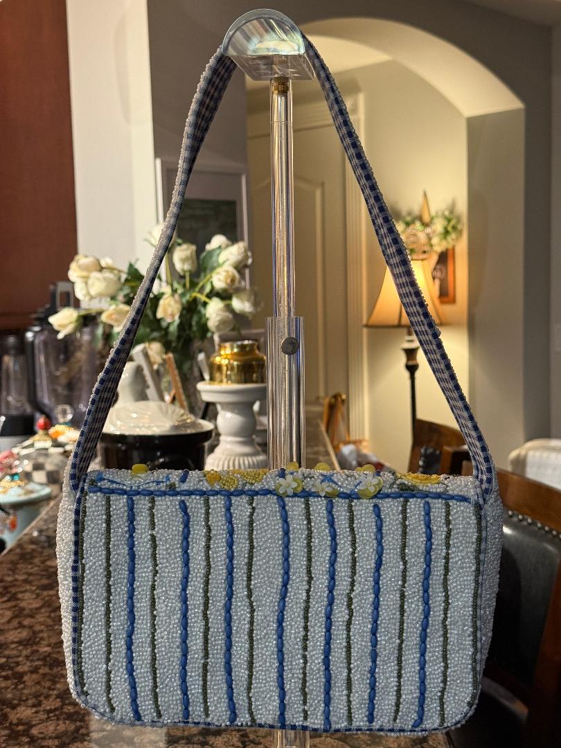 Trending Beaded Bags and Resort Collection - Blue & Yellow Lemon Checkered Beaded Shoulder Bag