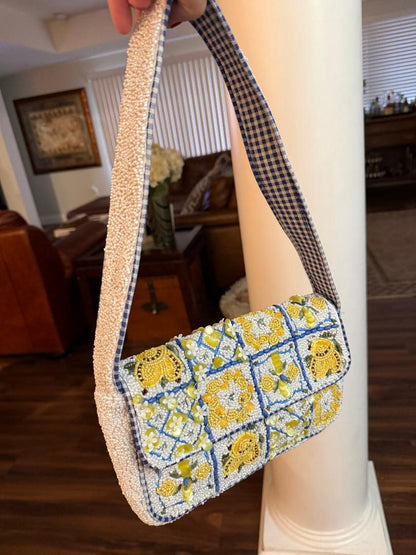 Trending Beaded Bags and Resort Collection - Blue & Yellow Lemon Checkered Beaded Shoulder Bag