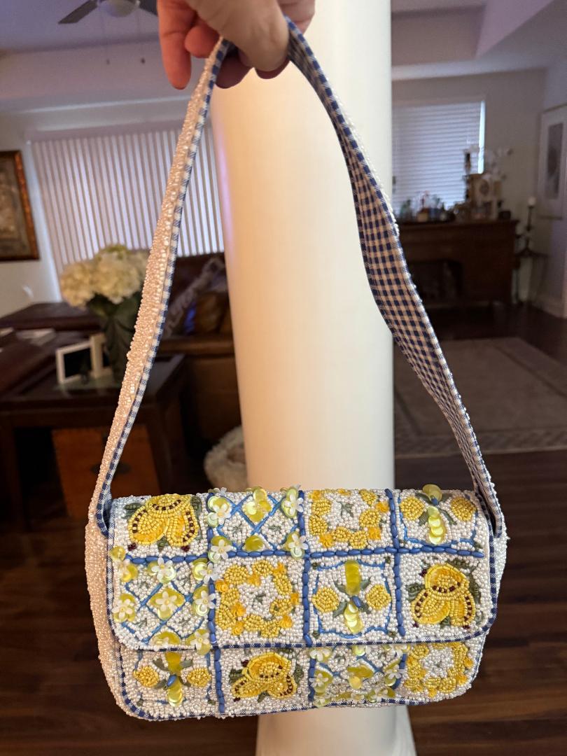 Trending Beaded Bags and Resort Collection - Blue & Yellow Lemon Checkered Beaded Shoulder Bag
